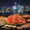 横浜の夜景を望む高級ホテルで、山盛りにされたズワイガニのディナーブッフェ