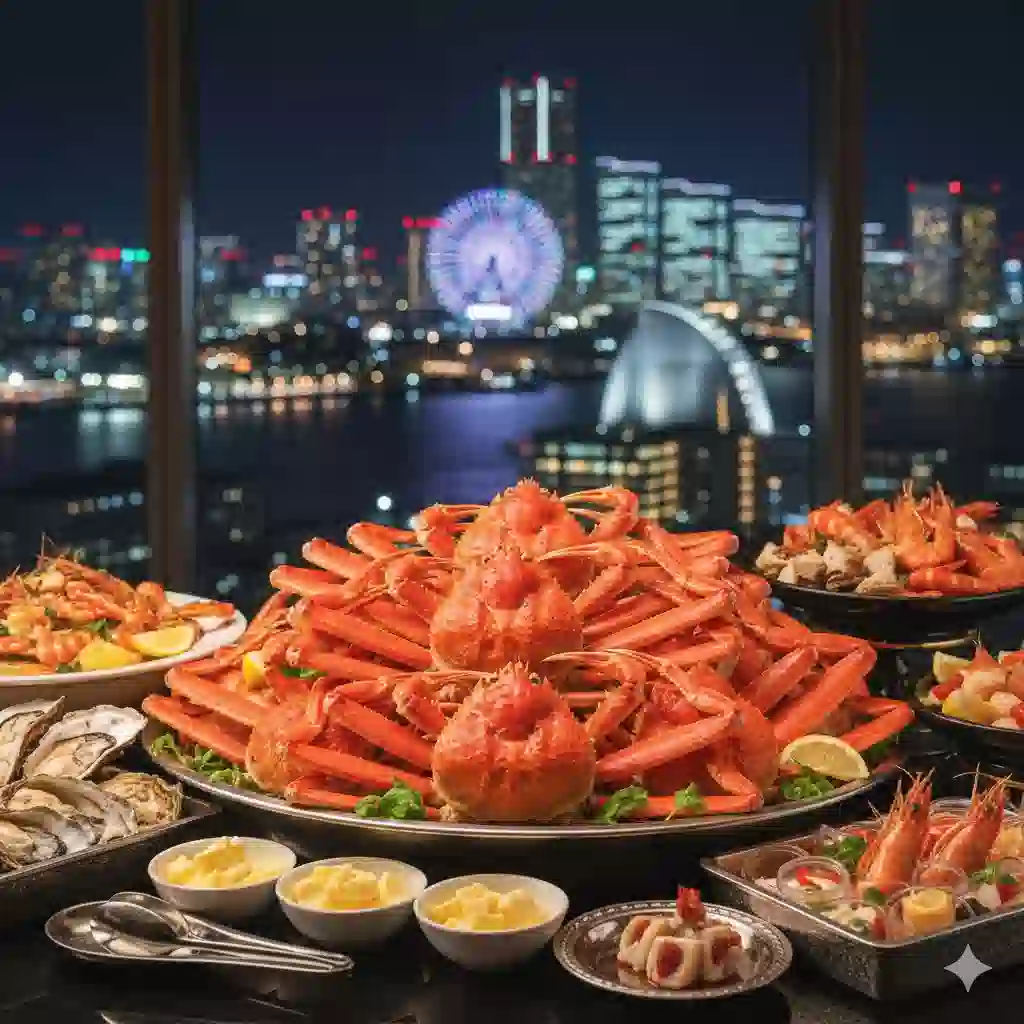 横浜の夜景を望む高級ホテルで、山盛りにされたズワイガニのディナーブッフェ