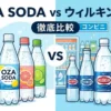 OZA SODAとウィルキンソン タンサンの比較イメージ - 左側にオンライン通販とフレーバーバリエーション、右側にコンビニ店頭と多様な容器を配置した対比図