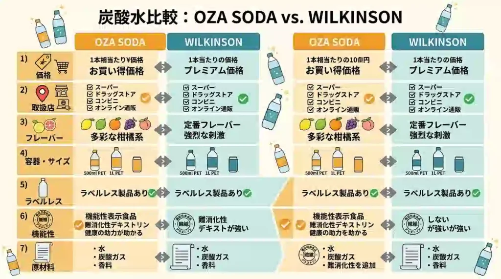 OZA SODAとウィルキンソンの7つの比較ポイントをまとめたインフォグラフィック - 価格、購入場所、フレーバー数、容器種類、ラベルレス対応、機能性表示食品、原材料を視覚的に比較