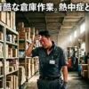 「倉庫が地獄すぎる…自腹で買うならネッククーラーvs空調服どっち?」というテキストが上部に表示された、暑い夏の倉庫で黒いネッククーラーを装着し汗を拭く日本人倉庫作業員の写真