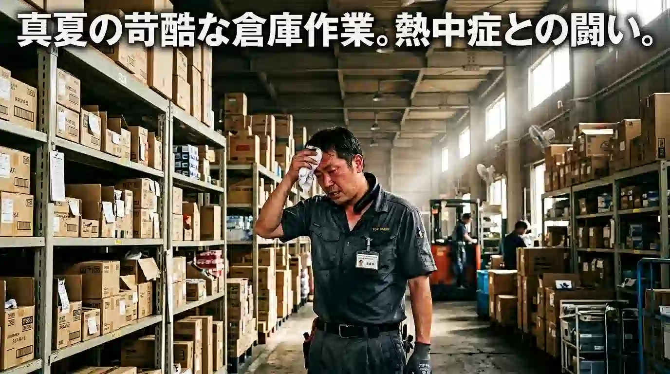 「倉庫が地獄すぎる…自腹で買うならネッククーラーvs空調服どっち?」というテキストが上部に表示された、暑い夏の倉庫で黒いネッククーラーを装着し汗を拭く日本人倉庫作業員の写真