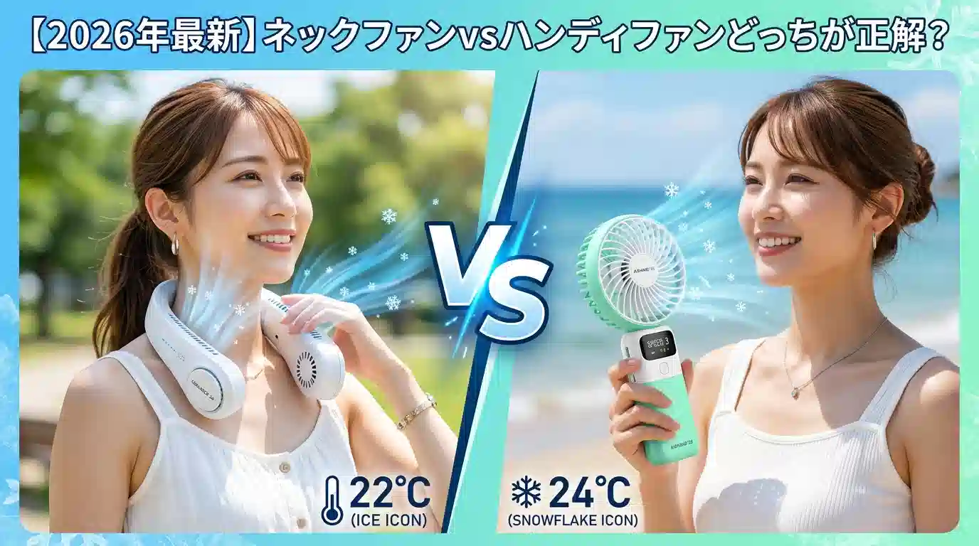 2026年最新ネックファンとハンディファンの比較イメージ、左側にネックファン、右側にハンディファン、冷却効果を示す氷の結晶とVSマーク付き